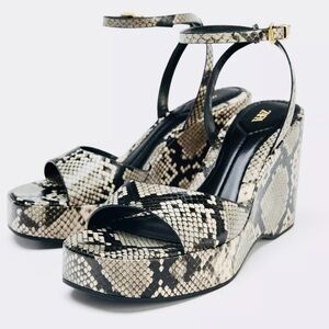 Zara Black and Cream Snake Pattern Wedges